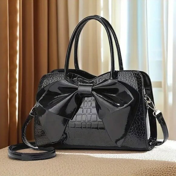 Black Crocodile Pattern Bow Handbag | Patent Faux Leather Purse w/ Strap - Picture 2 of 7